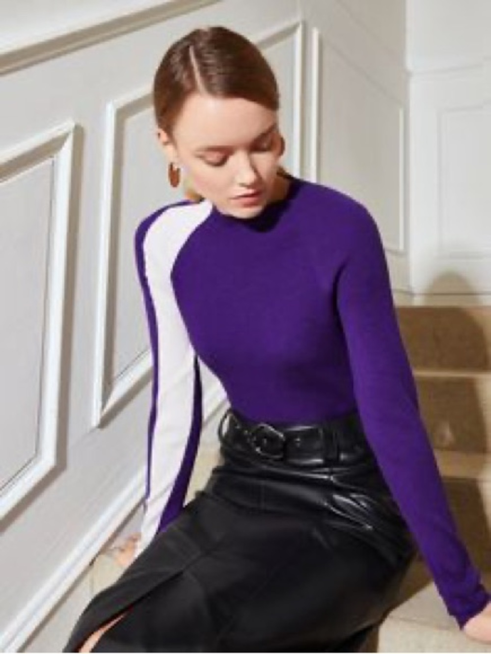 Purple and White Colorblock Long-Sleeve Women's Sweater